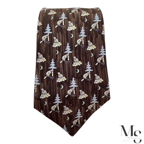 HERMES PARIS 7717 OA Brown Beavers At Night Print Silk Tie France W: 3.75" E.C - Picture 3 of 7